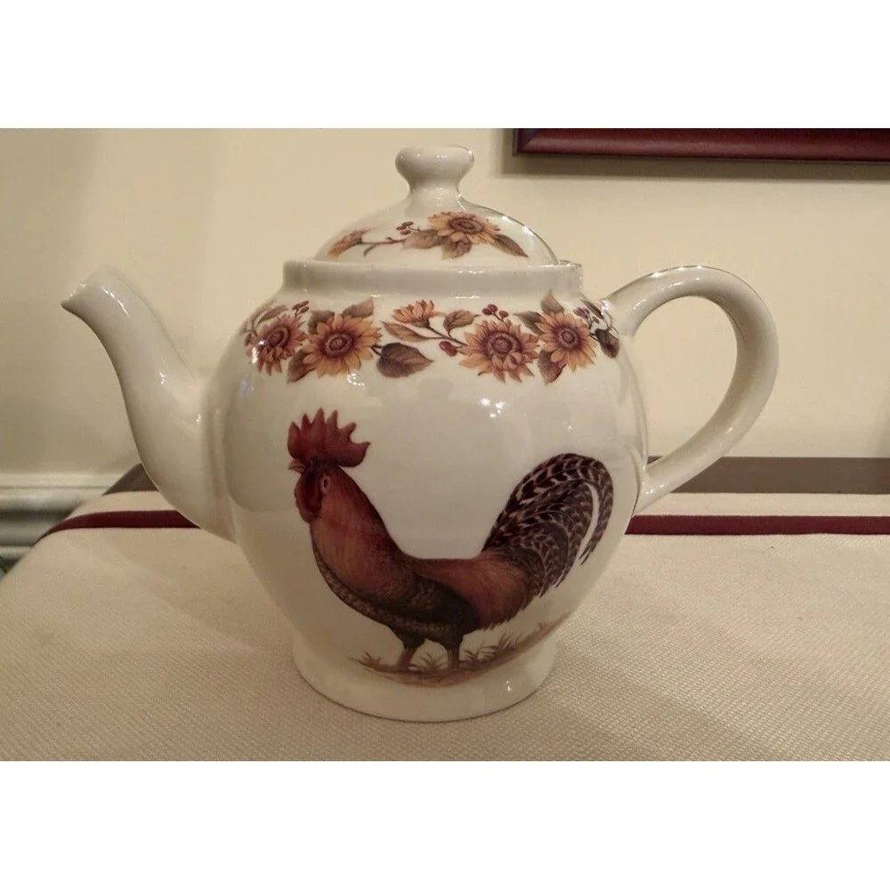 Vintage Martha Vaughn Lily Creek Teapot Hand-painted Rooster Sunflower Motif.